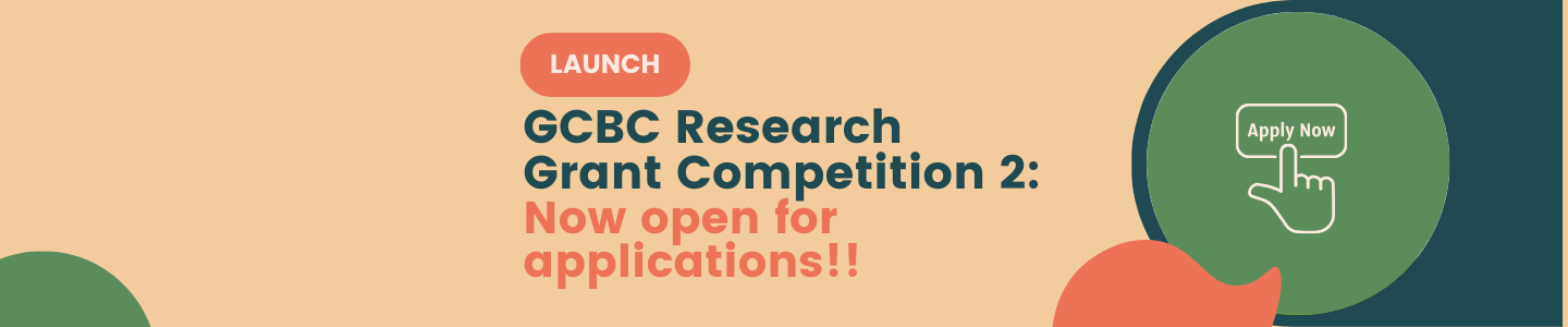 Graphical image with a sand colored background that includes the word launch, the title of the grant competition, a graphical illustration of a palm with the index finger clicking apply now, within a dark green circle  outlined by a teal element.